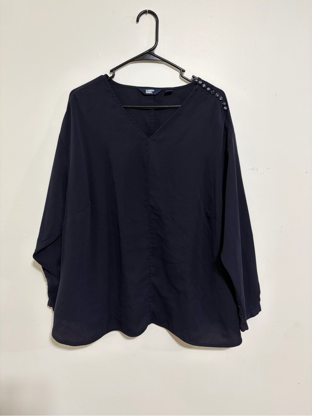 Lands' End Navy V-Neck Blouse with Shoulder Button Trim